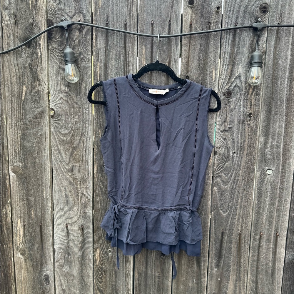 Tory Burch Navy Blue Silk Sleeveless Blouse Keyhole Front and Waist Tie Size 4